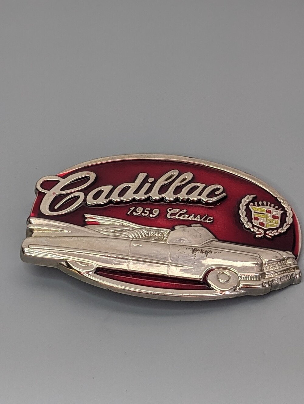 Vintage 1959 Cadillac Classic Metal Belt Buckle Red Enamel Automotive Collectibl